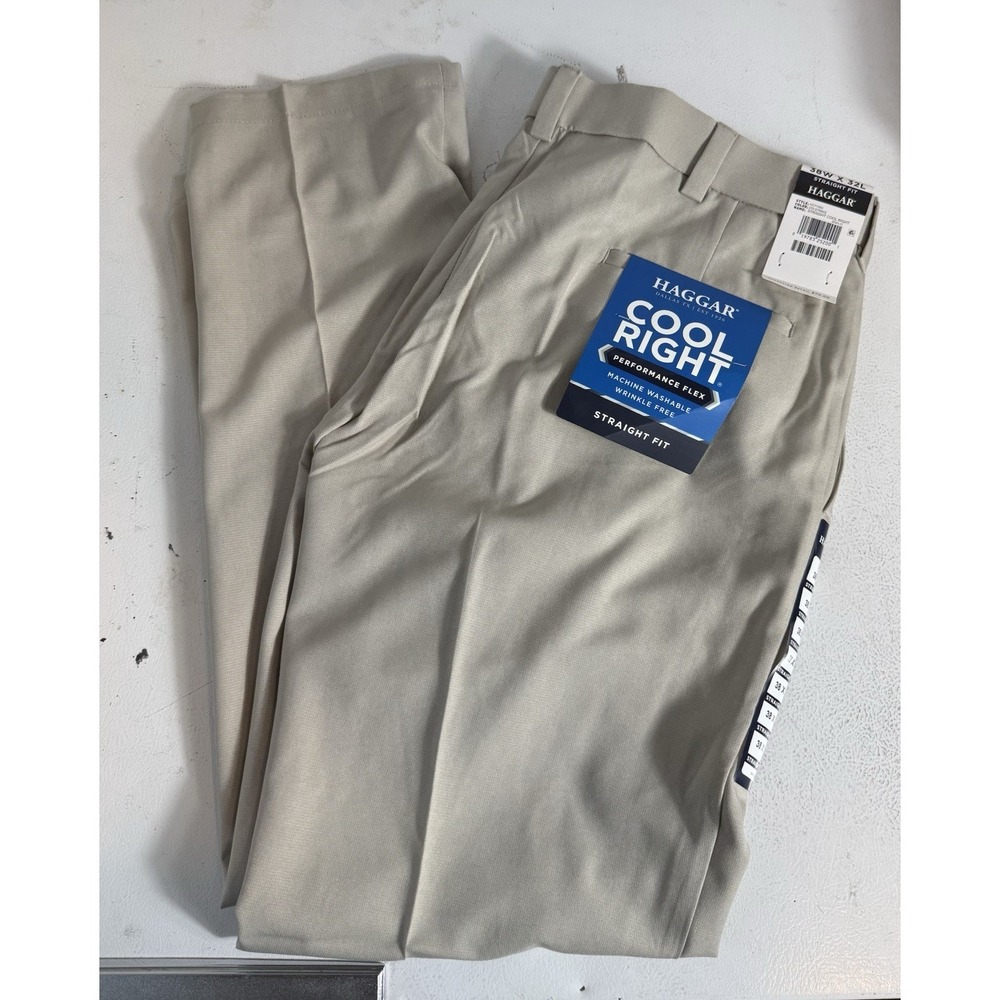 Haggar Mens Performance Flex Cool Right Pant-NWT Cream Classic Fit 48x32